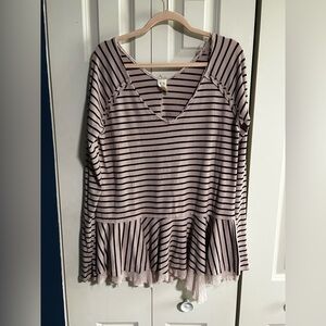 We The Free light Pink and Purple Striped V-Neck with flirty little lacy trim